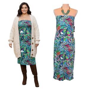 NWT Psychedelic Swirl Strapless Bodycon Midi Dress Plus 1XL Green Blue